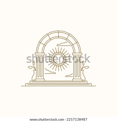 boho arch logo design element. mystic sun doorway logo, antique arch architecture entrance and stairway icon contemporary aesthetic boho style