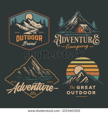 set collection of vintage adventure badge. Camping emblem logo with mountain illustration in retro hipster style.