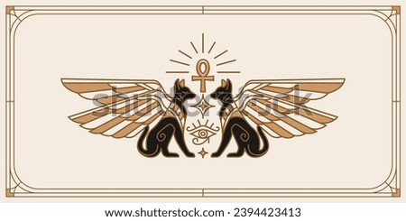 Two winged egypt cats, sacred eye of god Horus. Ancient Egypt vintage art hipster line art Illustration vector with eye of horus with Sacred scarab wings wall art design in outline minimal design