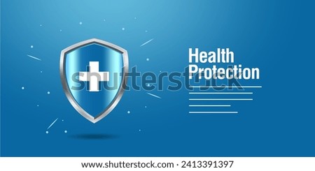 Health protection banner with shield, cross and bacteria cells flying on blue background. Anti virus and bacterial or germ defence, immune system protect medical poster, Realistic vector illustration