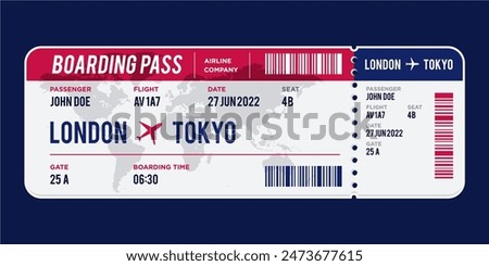 blue and red Airplane ticket design. Realistic illustration of airplane ticket boarding pass with passenger name and destination. Concept of travel, journey or business trip