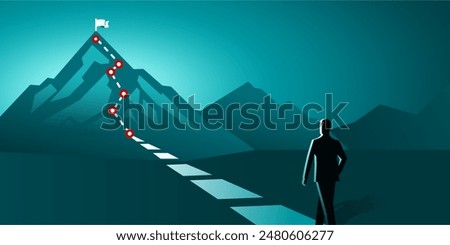 businessman walking route for growth journey concept vector illustration of a mountain with path and a flag at the top, route to mountain peak, business journey and planning concept.