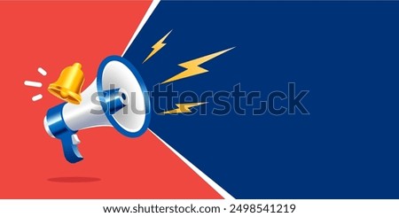 Realistic 3d megaphone with bell vector, shouting loudspeaker with lightning banner. concept of join us, job vacancy and announcement in modern style. Social media marketing symbol concept.