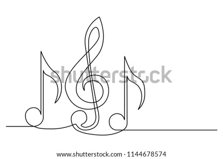 A treble clef and notes are drawn by a single black line on a white background. Continuous line drawing. Vector illustration.