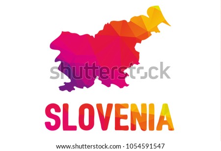 Low polygonal map of  Republic of Slovenia - Slovenija with sign Slovenia, both in warm colors of red, purple, orange and yellow; state in southern Central Europe