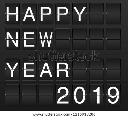 Happy New Year 2019 card in display board style (solari board, flightboard, flipboard), black and white 