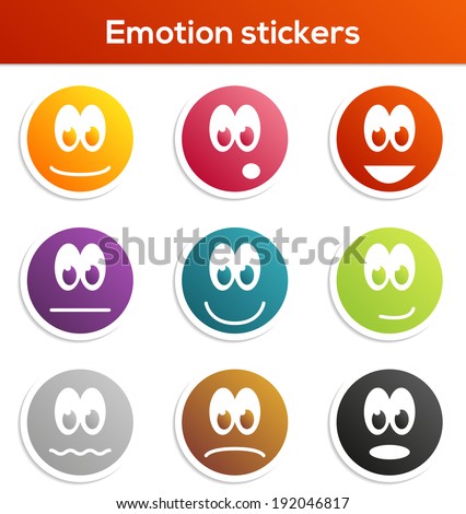 Set of 9 isolated stickers with different emotions and colors