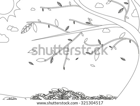 Vector illustration of coloring book - autumn landscape with tree with falling leaves