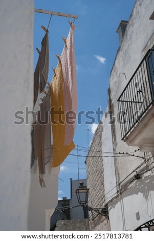 Similar – Image, Stock Photo Towels on clothesline between two trees on the campsite. In the background a caravan with awning.