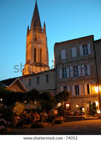 Church tower and city center of Saint Emilion in the Bordeaux, France: world famous for its red wine