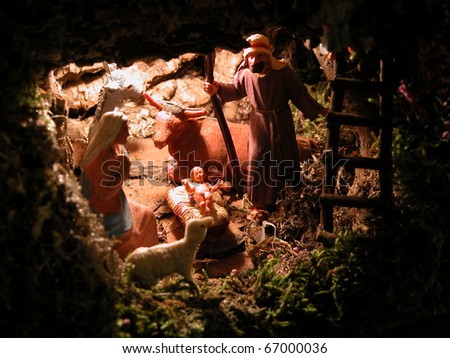 Christmas: the Holy Family in the stable in Bethlehem. Birth of Jesus Christ, the Messiah.