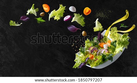 A white plate with salad and floating in the air ingredients: olives, lettuce, onion, tomato, mozzarella cheese, parsley, basil and olive oil. Black background. Copy space.