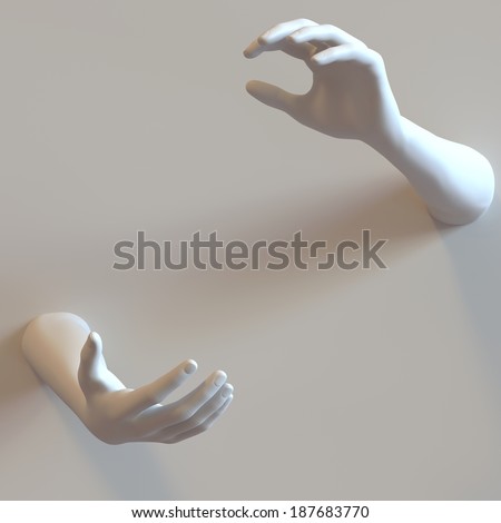Mannequin hands protrude through background wall. Space left blank for product.