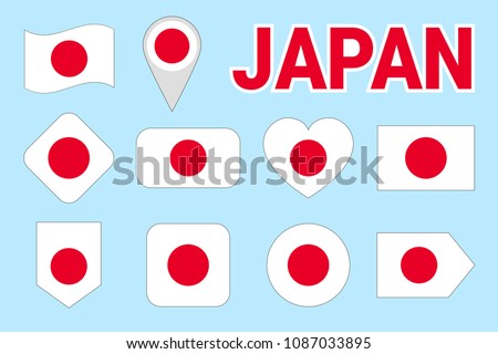 Japan flag collection. Vector Japanese flags set. Flat isolated icons with state name. Traditional colors. Web, sports pages, national, travel, geographic, patriotic, cartographic design elements