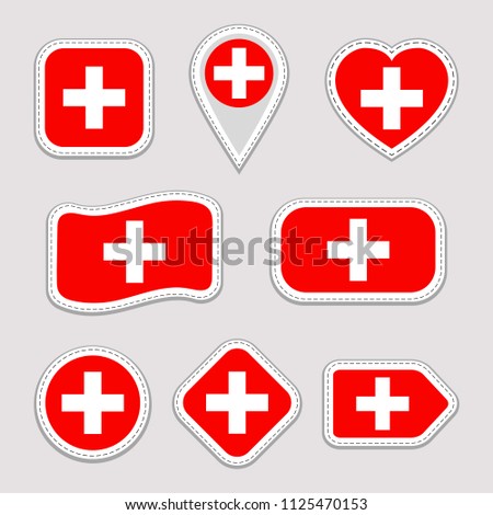 Switzerland flag vector set. Swiss national flags stickers collection. Vector isolated geometric icons. Web, sports pages, patriotic, travel, school, geographic design elements. Different shapes