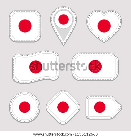 Japan flag vector set. Japanese national flags stickers collection. Vector isolated geometric icons. Web, sports pages, patriotic, travel, school, geographic design elements. Different patch shapes