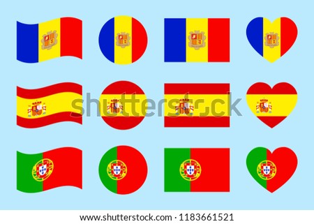 Iberian Peninsula states flags. vector illustration. Spain, Portugal,Andorra national symbols. Different geometric shapes. Flat style. Andorran, Spanish, Portuguese flags badges.