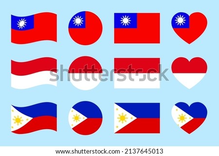 Taiwan, Indonesia, Philippines flag vector illustration. Indonesian, The Philippines, Taiwanese official flags icons. Asian states geometric symbols shapes set for travel, patriotic, sport design