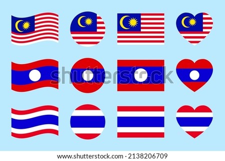 Malaysia, Laos, Thailand flags. vector illustration. Malaysian, Siam, Lao states official flags symbols set. Can use for travel, patriotic, sports pages designs. geometric shapes icons. Flat style.