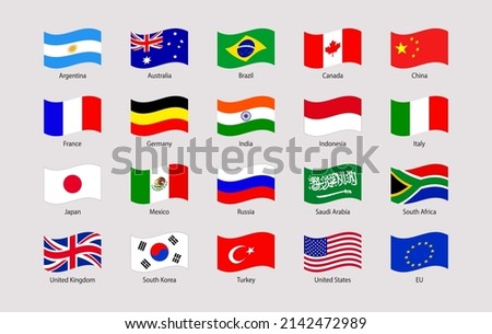 G20 flag vector illustration. USA ,Canada, France, Germany, Italy, Japan, UK, EU, China. Official national symbols with members countries names. The Group of Twenty official flags icons.