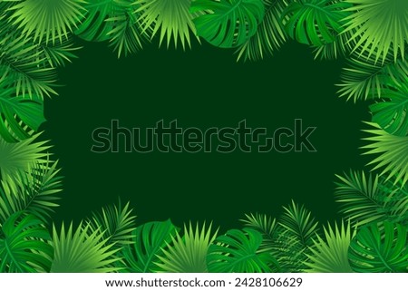 tropical rainforest border frame. Amazon foliage vector background with exotic tropic leaves, jungle plants and grass. Summer, travelling vacation card for textile print, invitation and promo designs.