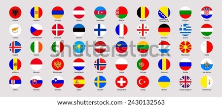 Europe flags vector illustration. European countries rounded national icons. EU official flags set with state name. UK, Germany, France, Italy, Ukraine rounded badges. Isolated circle geometric shape