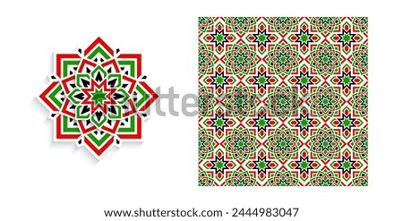 Ornament in eastern style. Islamic decor elements and template prints for national design. Arabic vector mandala flowers and backgrounds set. Traditional KSA, Kuwait, Oman, UAE, Kuwait flag colors.