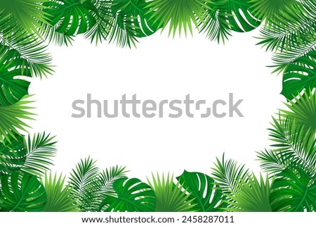 tropical rainforest border frame. Amazon foliage vector background with exotic tropic leaves, jungle plants and grass. Summer, travelling vacation card for textile print, invitation and promo designs.