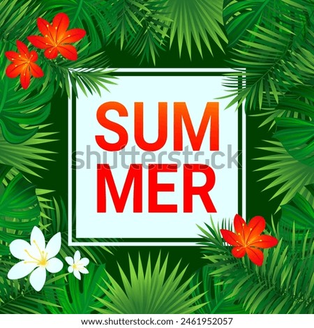 Summer tropical vector card. tropic background. Amazon rainforest leaves, flowers. Hello summer vector design with frame and simple text. Colored floral wallpaper with jungle plants. Bright colors