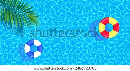 Swimming pool top view vector illustration. Summer background with swim rings, float, water texture and tropical palms leaves. travel and vacation banner for spa, aqua centers designs and wallpapers.