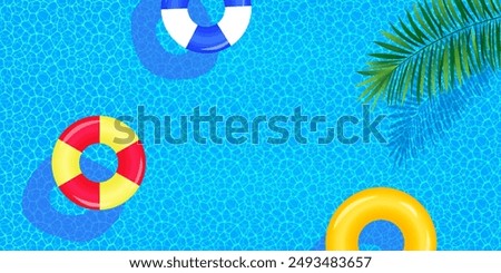 Swimming pool top view vector illustration. Summer background with swim rings, float, water texture and tropical palms leaves. travel and vacation backdrop for spa, aqua centers designs and wallpapers