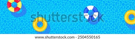 Swimming pool vector illustration. Summer time banner with swim rings, float, water reflection texture. Holidays, travel and vacation background for aqua center design and advertising. Cute backdrop