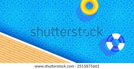 Summer background vector illustration. Swimming pool top view banner. Watery ripple texture. Swim rings, colorful floats in water. Pool party design for travel and vacation wallpapers and cards.