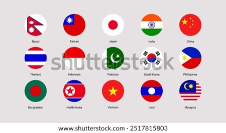 South Korea, India, China, Taiwan, Japan, Bangladesh, Malaysia, Thailand Philippines flag vector illustration. Asian states national symbols set with countries names. Asia rounded official flags icons