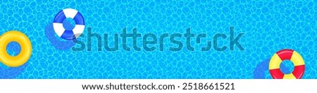 Swim rings, colorful floats vector illustration. Swimming pool top view banner. Summer background with water texture. travel and vacation funny wallpaper for aqua centers designs and cards.