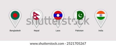 India, Pakistan, Bangladesh, Laos, Nepal flags maps pointers stickers vector illustration. Asian states simple national icons with location sign. Eastern countries markers badges.