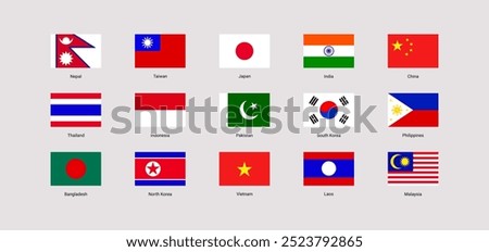 China, India, Taiwan, Japan, South Korea, Thailand, Indonesia, Pakistan, Philippines flag vector illustration. Asian states national symbols set with countries names. Asia simple official flags icons