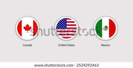 Northern America flags rounded stickers vector illustration. USA, Canada, Mexico official symbols set. American countries round flags icons with state name. Simple national symbols patches