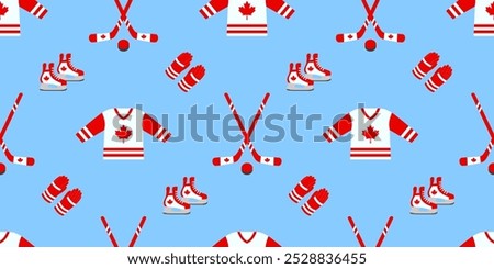 Canada hockey vector repeat background. Ice hockey stick, puck and skate seamless pattern in a Canadian flag traditional colors, maple leaf symbols. Winter sports repeated texture for sporting design