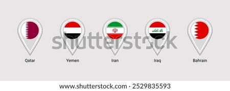 Qatar, Bahrain, Iran, Iraq, Yemen flags map pins isolated icons vector illustration. Asian states location point. Official symbols stickers signs with. Eastern countries markers badges.