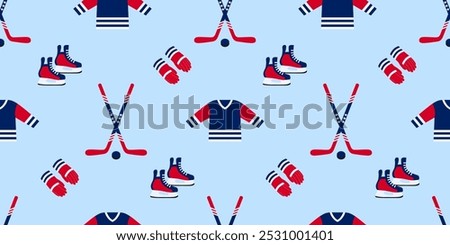 USA hockey vector repeat background. Ice hockey sticks, puck and skates seamless pattern in a American flag traditional colors and stars symbols. Winter sports repeated texture for sporting prints