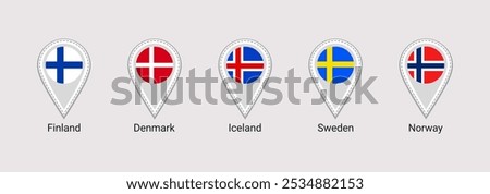 Nordic states flags map pins isolated icons. vector illustration. Norway, Finland, Sweden, Iceland, Denmark national symbols stickers collection. Scandinavian countries location point, signs shapes