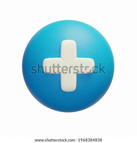 3d Illustration of cartoon blue circle with plus on the white background. Cute icon of first aid. Health care. Medical symbol of emergency help.  Stock foto © 