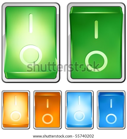 Vector illustration of a rocker switch, with both on and off positions. Switch is lighted when in 