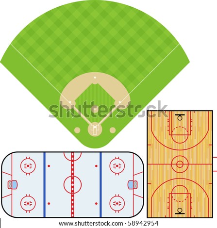 Vector illustration of Baseball field, Basketball court, and Ice Hockey rink. Accurately proportioned.