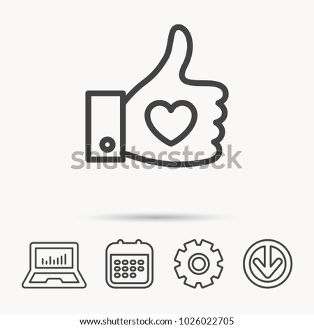 Thumb up like icon. Super cool vote sign. Social media symbol. Notebook, Calendar and Cogwheel signs. Download arrow web icon. Vector