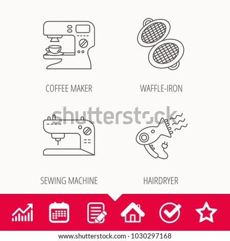 Coffee maker, sewing machine and hairdryer icons. Waffle-iron linear sign. Edit document, Calendar and Graph chart signs. Star, Check and House web icons. Vector