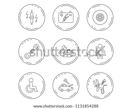 Accumulator, spanner tool and car service icons. Repair toolbox, wheel and spark plug linear signs. Disabled person, battery terminal icons. Linear Circles web buttons with icons. Vector