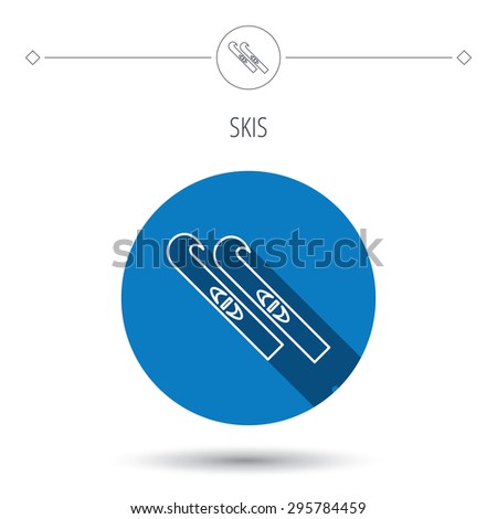 Skiing icon. Skis sign. Winter sport symbol. Blue flat circle button. Linear icon with shadow. Vector