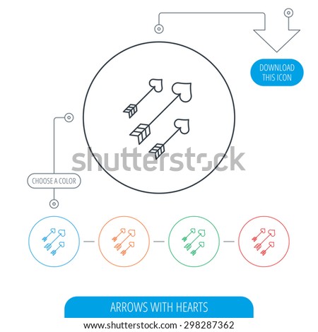 Love arrows icon. Amour equipment sign. Archer weapon with hearts symbol. Line circle buttons. Download arrow symbol. Vector